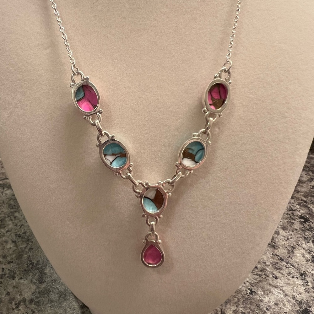 Turquoise “Cotton Candy Dahlia” 925 Sterling Silver Necklace - Picture 3 of 5